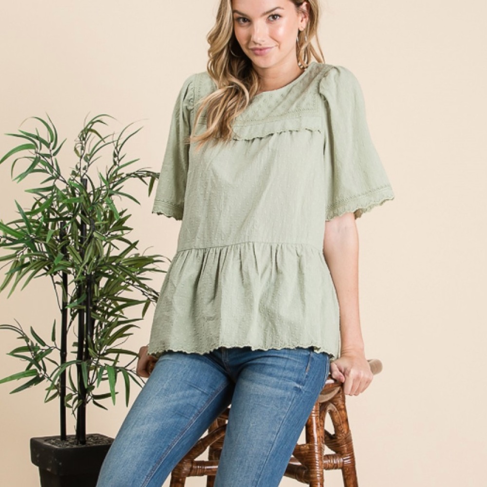 Sage Green Swiss Dotted Texture Cotton Scalloped Top Lurex Woven Detail S M L XL - Picture 8 of 14